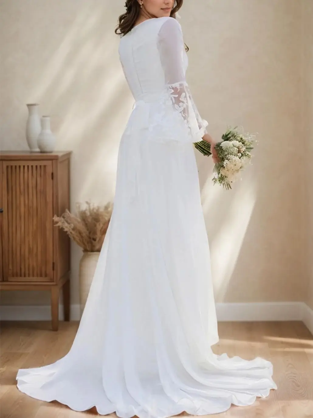 فستان زفاف أنيق على شكل حرف a رقبة على شكل V وأكمام طويلة من التل مزين بقطار سويب رومانسي فستان زفاف للخطوبة 2025 مخصص مجاني #2