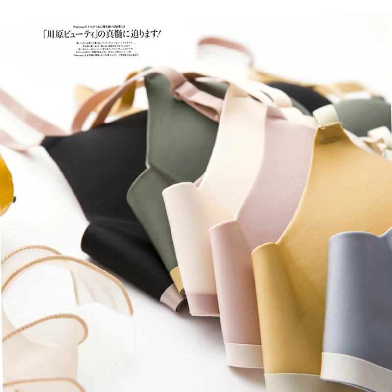 Japanese Seamless Glossy Gathered Underwear Women\'s Simple Pure Color, No Steel Ring, Comfortable Triangular Cup Bra