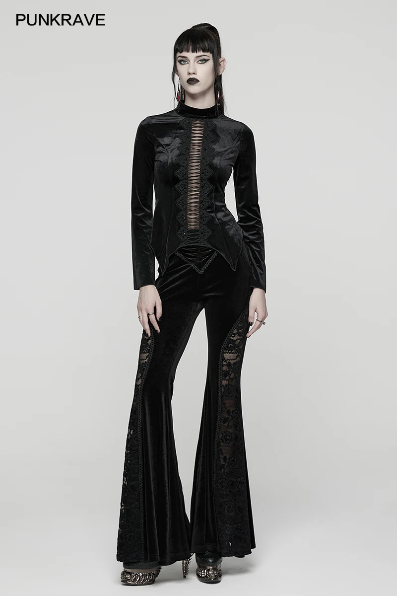 فاسق الهذيان المرأة القوطية لينة مشمس المخملية تي شيرت الوقوف طوق تصميم شخصية وأشار هيم جوفاء الدانتيل ترصيع القمم السوداء #3