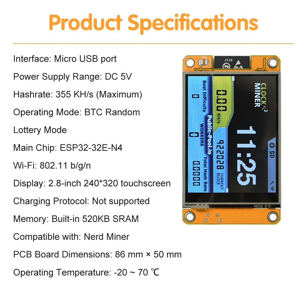 Bitcoin NerdMiner V2 Lucky Miner Hashrate 355KH/s ESP32 2.8 polegadas Smart Display BTC Solo Lottery Nerd Miner ESP32-2432S028R WROOM