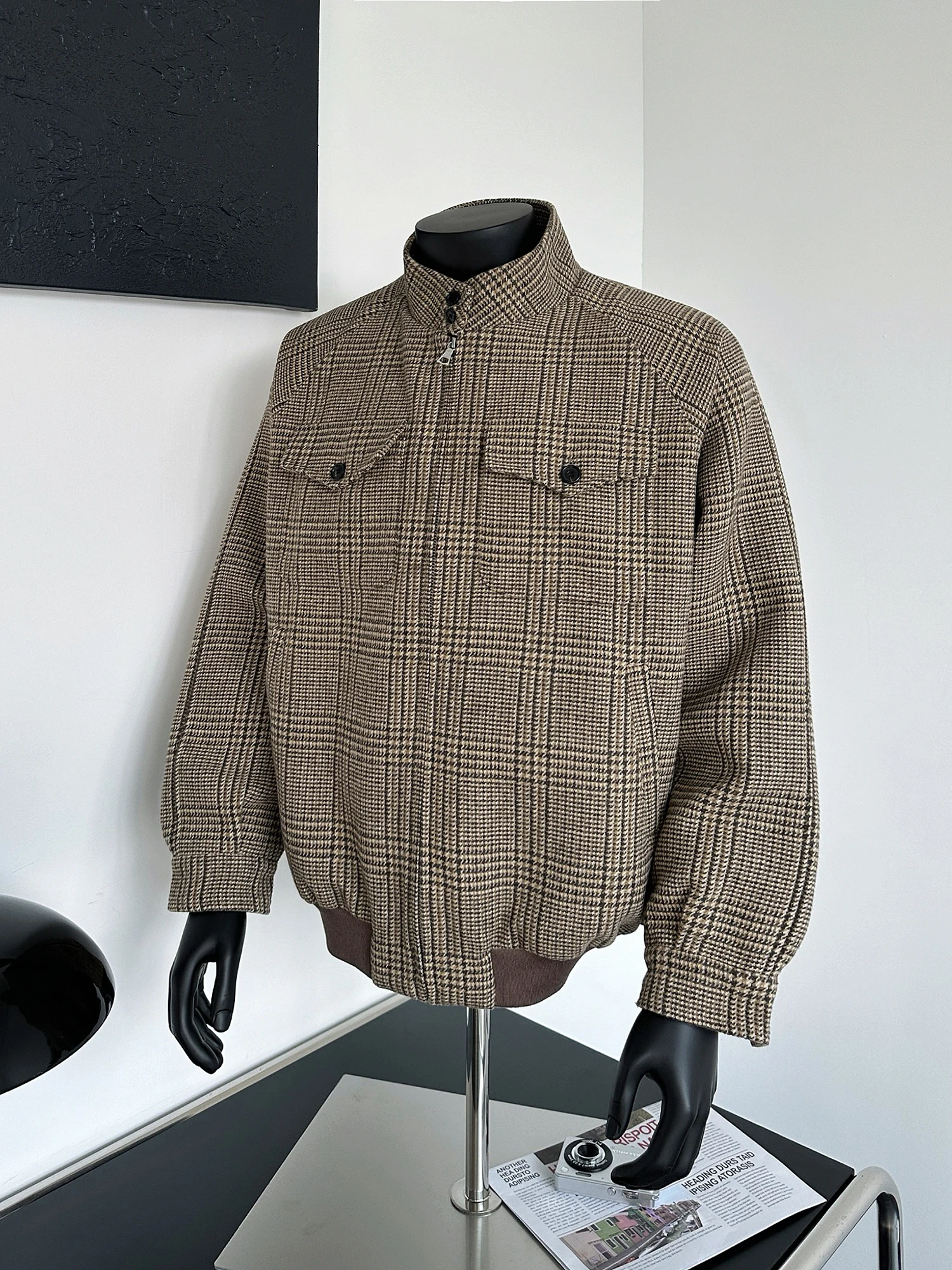 

Brown Plaid Harrington Jaet Men's Autumn Winter High-End Feeling Maturi Sle Korean System ort Wide Zipper Coat