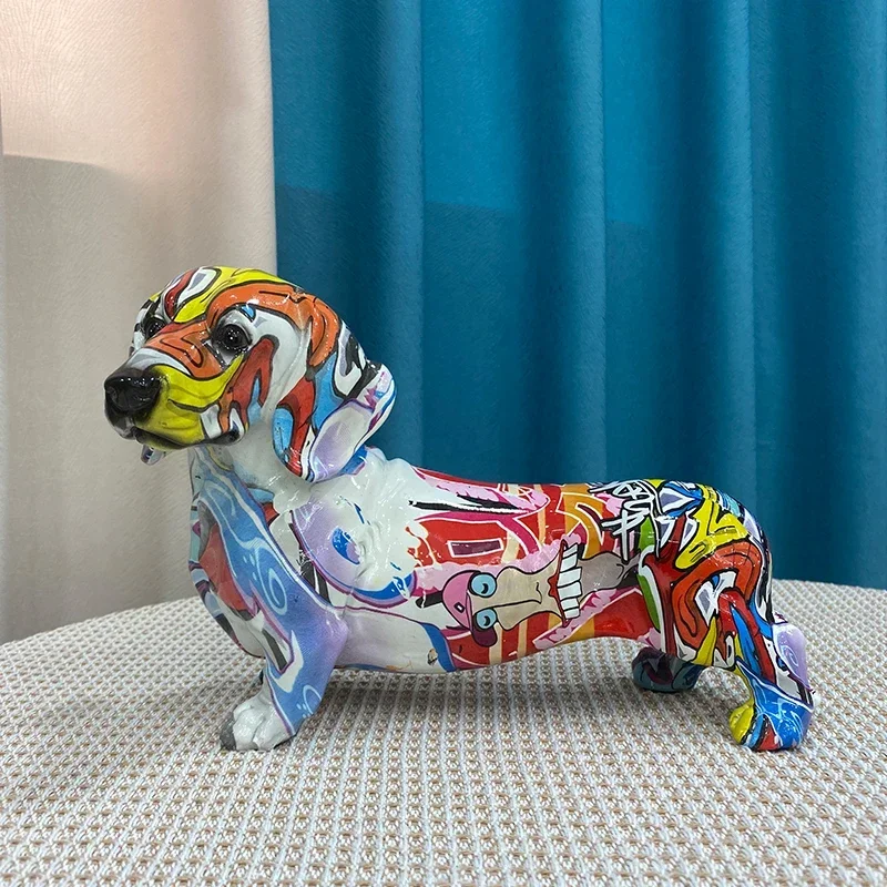 

Resin Colorful Dachshund Dog Figurines Graffiti Art Animal Statue Home Office Desktop Decor Item Interior Decorations