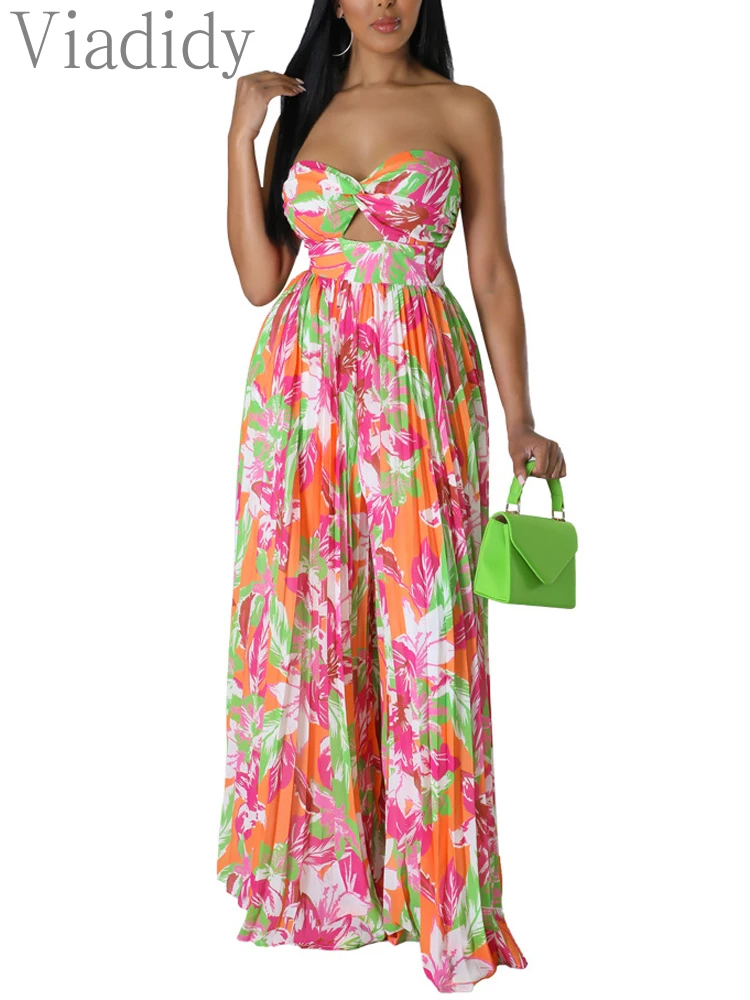 

Women Sexy Print Shirring Pleated Bandeau Wide Leg Jumpsuit