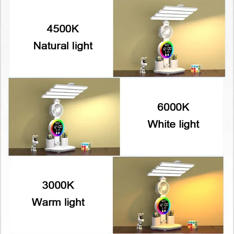 Led Clock Dispaly Reading Lamp, Rechargeable Table Lamp for Study, Desk Lamp Reading Light Led Table Light with Fan