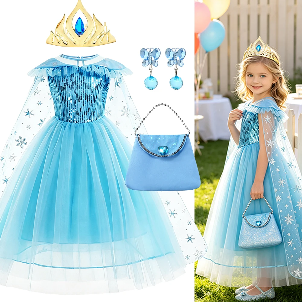Kids Ball Gown Light Blue Snowflake Princess Cape With Crown Necklace Complete Accessories Set for Birthday Party Costume