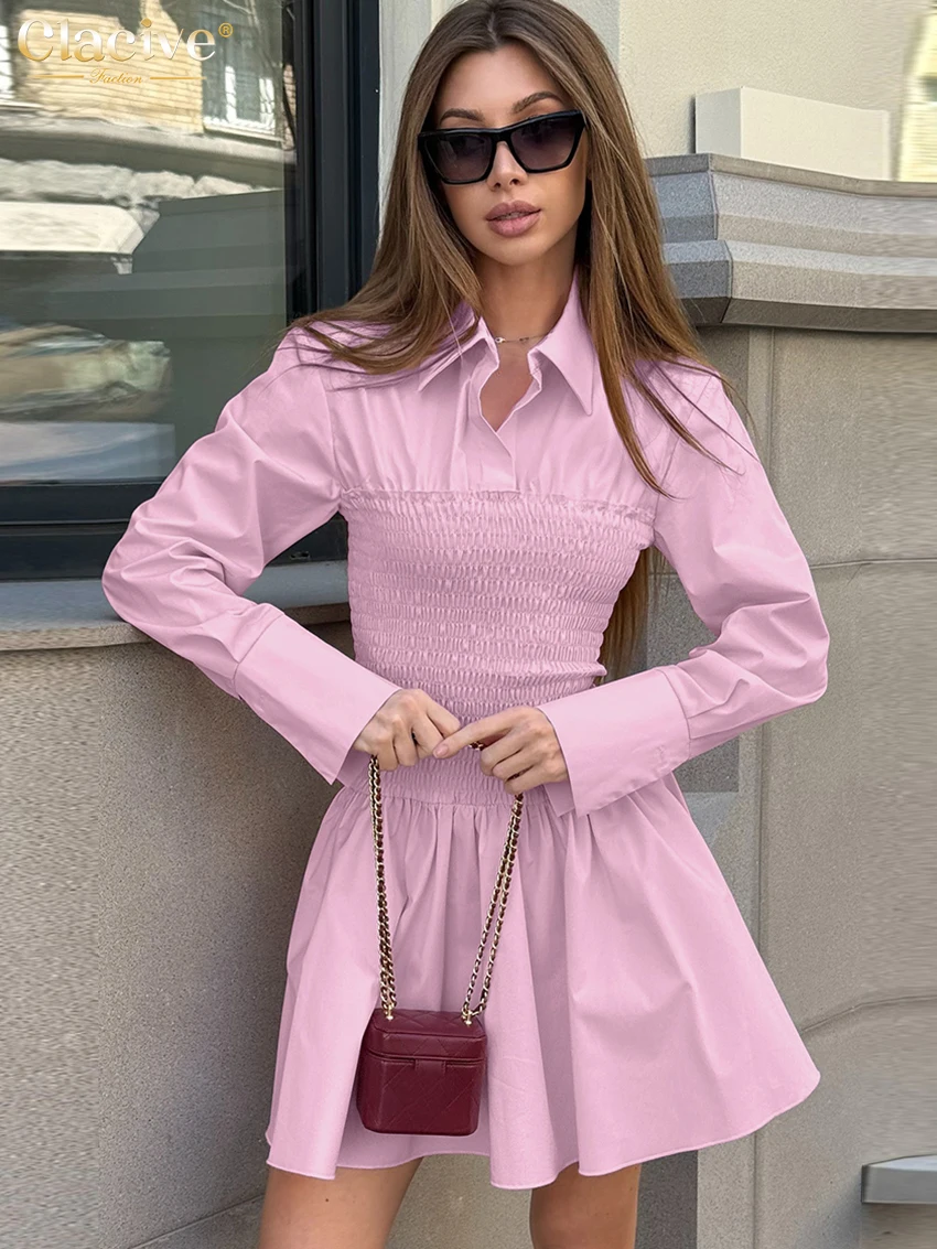 

Clacive Fashion Loose Pink Cotton Women's Dress 2025 Casual Lapel Long Sleeve Mini Dresses Elegant Classic Pleated Female Dress