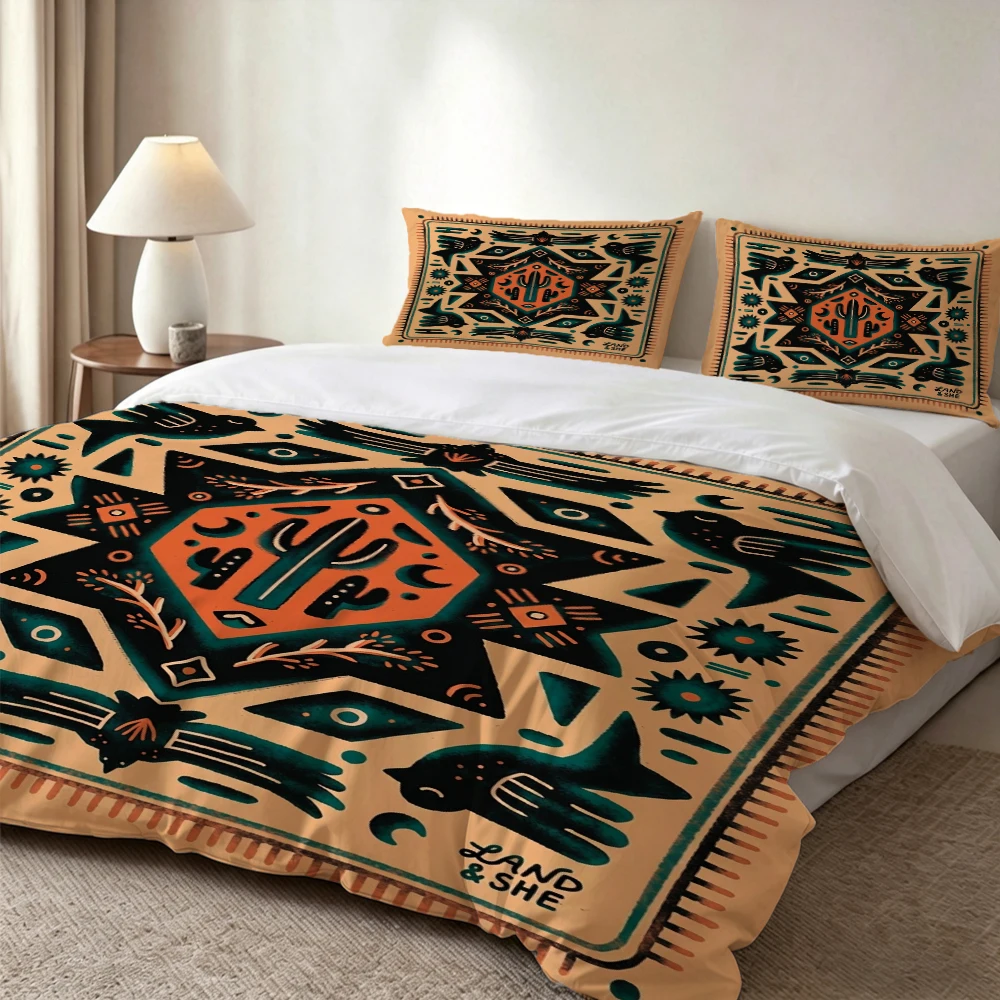 

High-Definition Digital Print Bedding Set, Desert Totem Cactus and Bird Geometric Pattern Duvet Cover Set, Large Floral Print Duvet Cover Set, Includes 1 Duvet Cover + 2 Pillowcases, Suitable for Bedroom, Guest Room, Home Decoration, Polyester Fiber Duvet