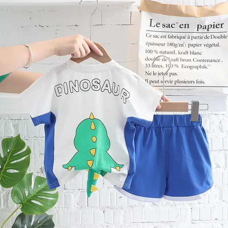 Children Cotton Out Clothes Summer Kids Boys Cartoon Dinosaur T Shirt Shorts 2Pcs/Set Infant Kids Fashion Toddler Tracksuits