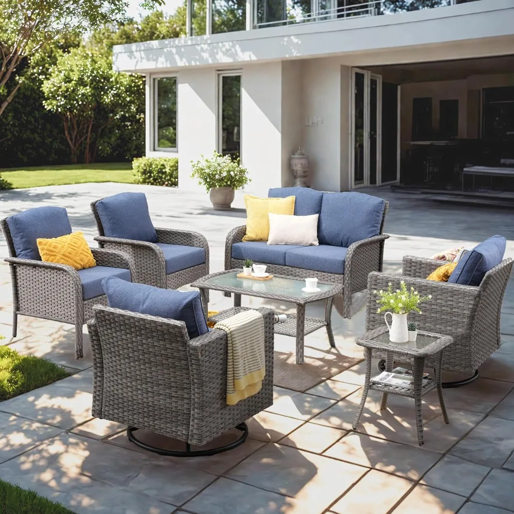 7 Pieces Outdoor Patio Furniture Set, Rattan Wicker Sectional Swivel Rocker Chairs Sets with Table, Swivel Glider Chairs, and Si
