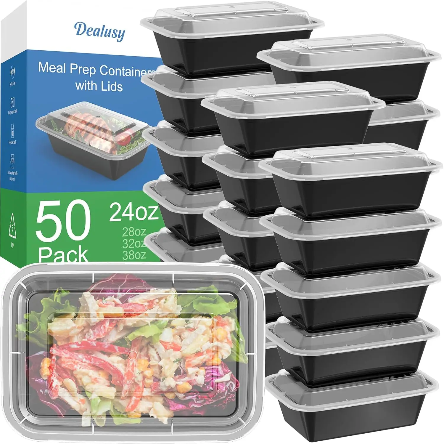 

50-Pack Reusable Meal Prep Containers with Lids, Leakproof & Food Safe, Microwave, Freezer, Dishwasher Safe for Takeout Storage