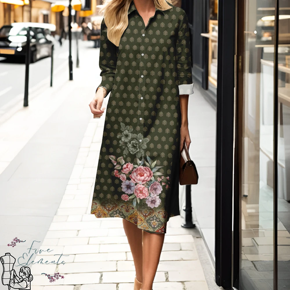 2025 봄과 가을 여성용 플로럴 프린트 셔츠 드레스 신상 브이넥 긴팔 편안한 드레스 패션 스트리트 스타일 우아함