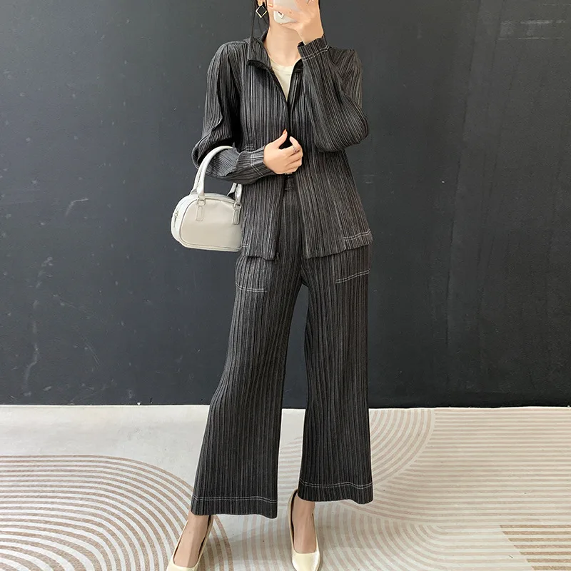 

Miyake плиссированный женский комплект из двух предметов, шикарный имитация джинсовой ткани, весенняя новая модная однобортная куртка и повседневные прямые брюки