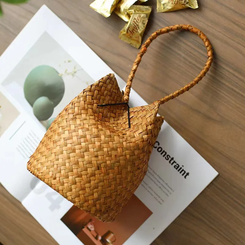 Cute Handmade Round Straw Woven Bag Natural Straws Handbag INS Trendy Stylish Kids Boys Girls Women Beach Camp Outdoor Bag