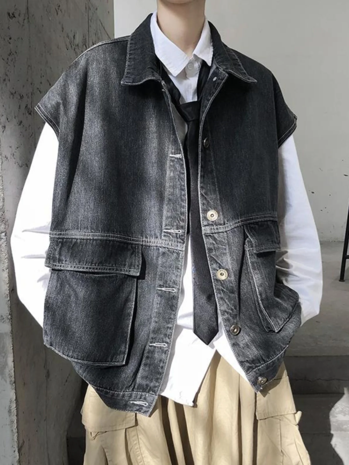 

Американская ретро-куртка из денима на весну-осень, свободный крой, рабочая одежда, мужской модный жилет, ковбойский жилет-безрукавка, верхняя одежда