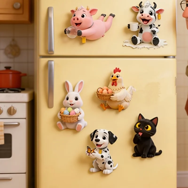 A set of 6 2D creative flat magnetic fridge magnets, cute rabbit, Dalmatian, and black cat shapes, perfect for gifting.