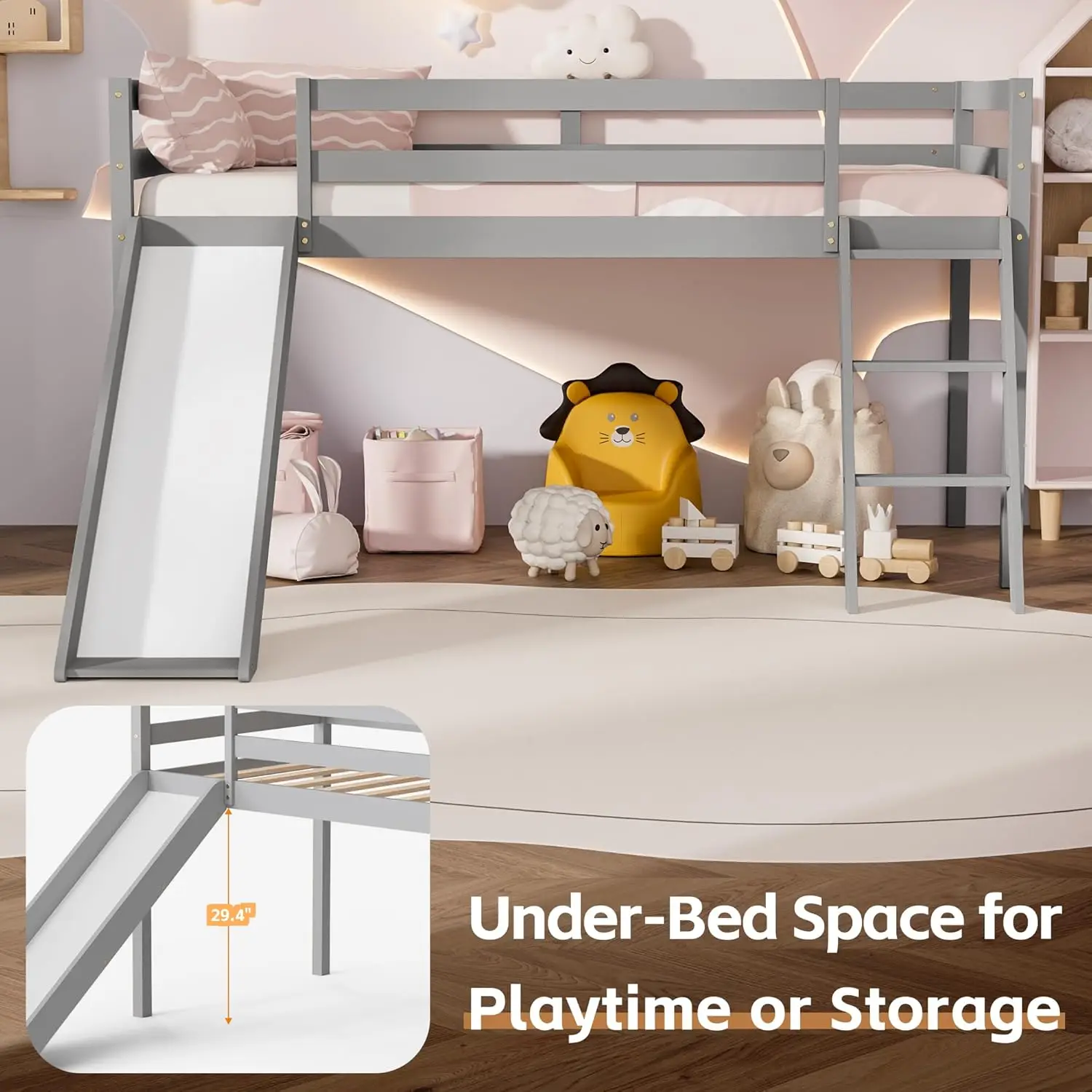 

Low Loft Bed with Slide, Wood Twin Loft Bed Frame with Climbing Ladder & Storage Space for Kids Toddler (Grey)