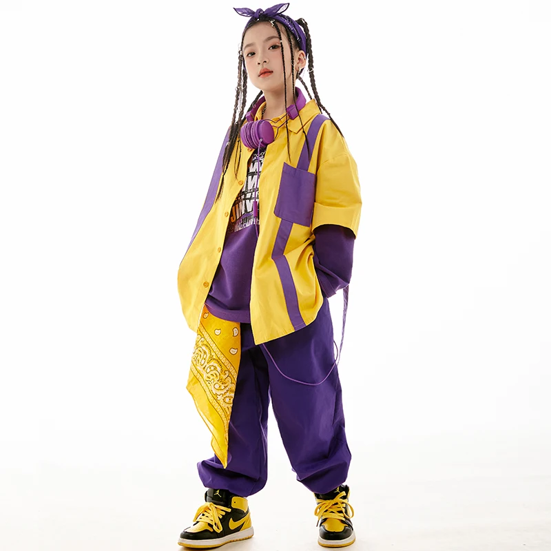 Street Hip Hop Clothes Kids Loose Yellow coat Purple Pants Girls Jazz Dance Costume Boys Drum Hiphop Performance Clothing L11575