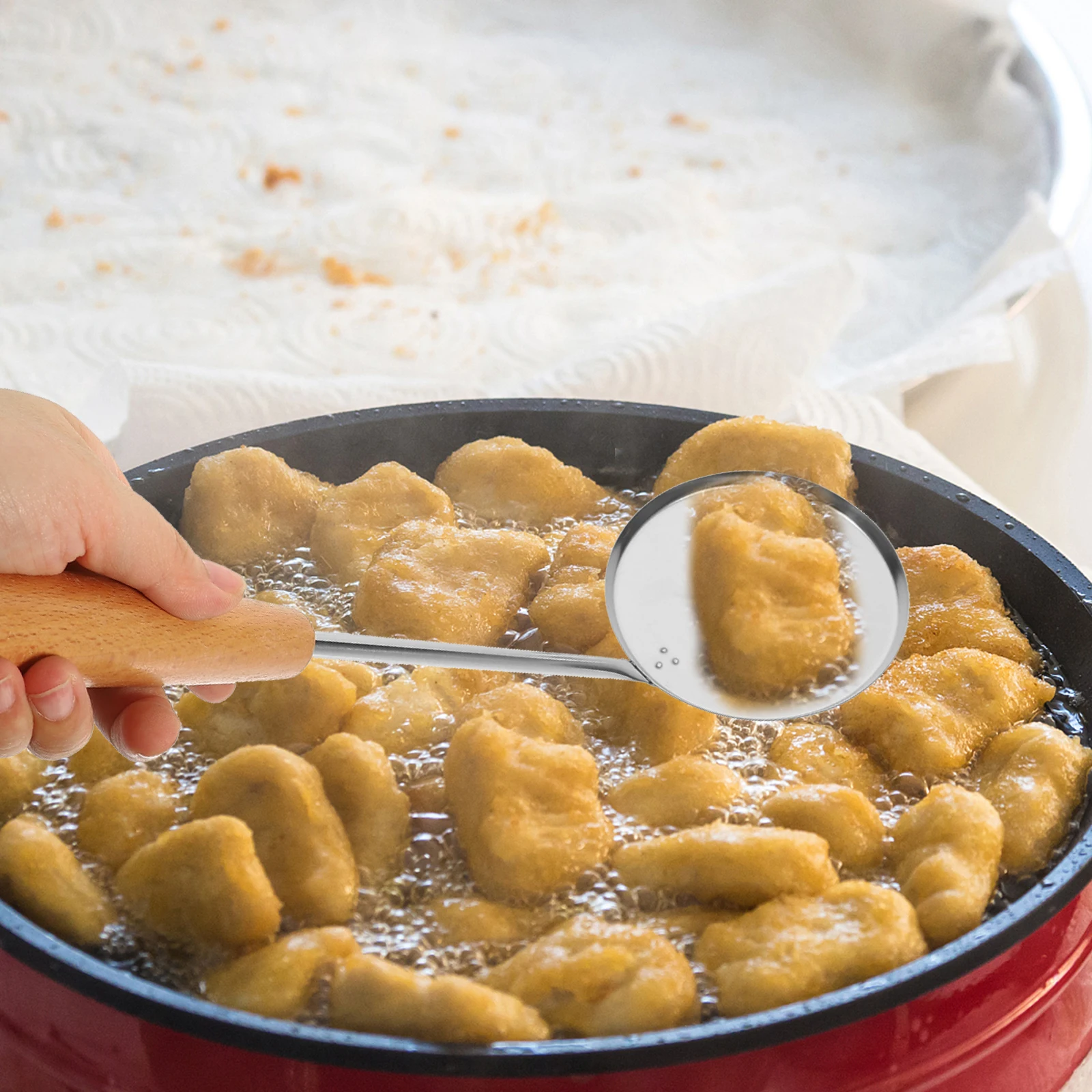 

Frying Mold Simple Design Long Handle Kitchen Snack Spoon Stainless Steel Frying Food Tool Non-Stick Oil Spoon Kitchen