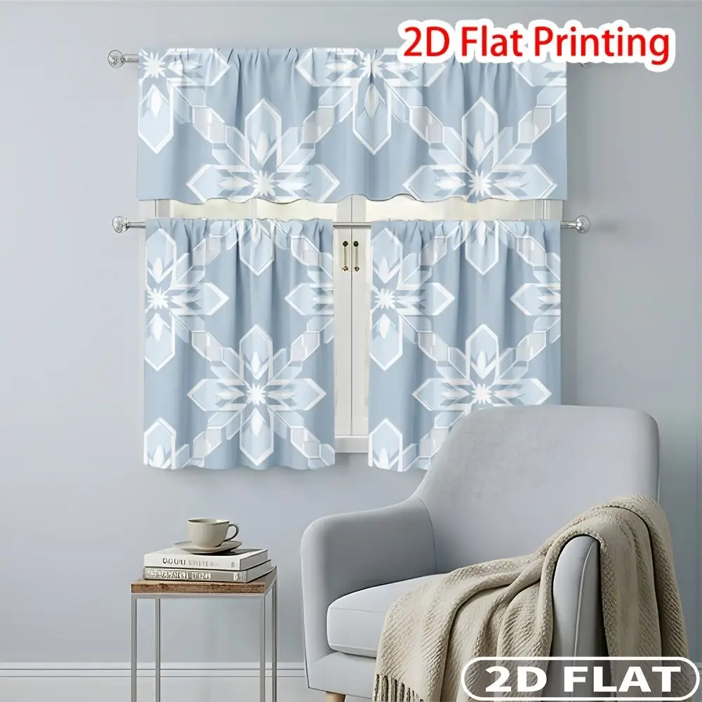 3pcs Geometric Snowflake Pattern Curtain Rod Pocket Valance Curtain Tier Machines Washable, Ideal For Bedroom Kitchen Home Decor