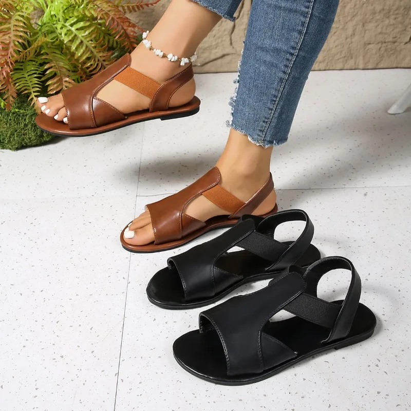 

2023 модные женские простые сандалии высокого качества на плоском каблуке, новые летние пляжные туфли с носком, повседневные женские римские сандалии Женская Обувь