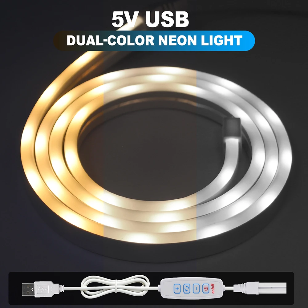 5V CCT Dual Color LED Neon Strip Light with 4 Key Dimmer Controller USB Powered Kit 12x5mm 2835 88 LEDs Flex Tape Lighting IP65