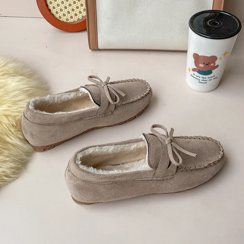 Women's Moccasins Soft Flat Fluffy Footwear Winter Female Shoes Home Warm Plush Bow  Slip On 2024 Vintage Fashion Comfort Shoes