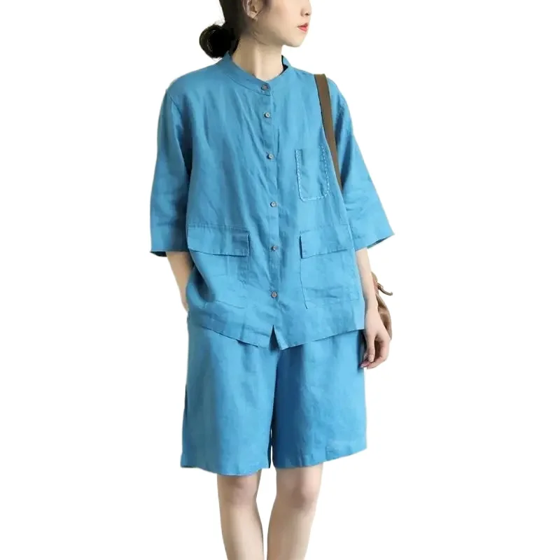 2026 Summer Sets Women's Suits Loose Literary Short-sleeved Shirt Blouse and Five-point Pants Solid Color Casual Two Piece Set