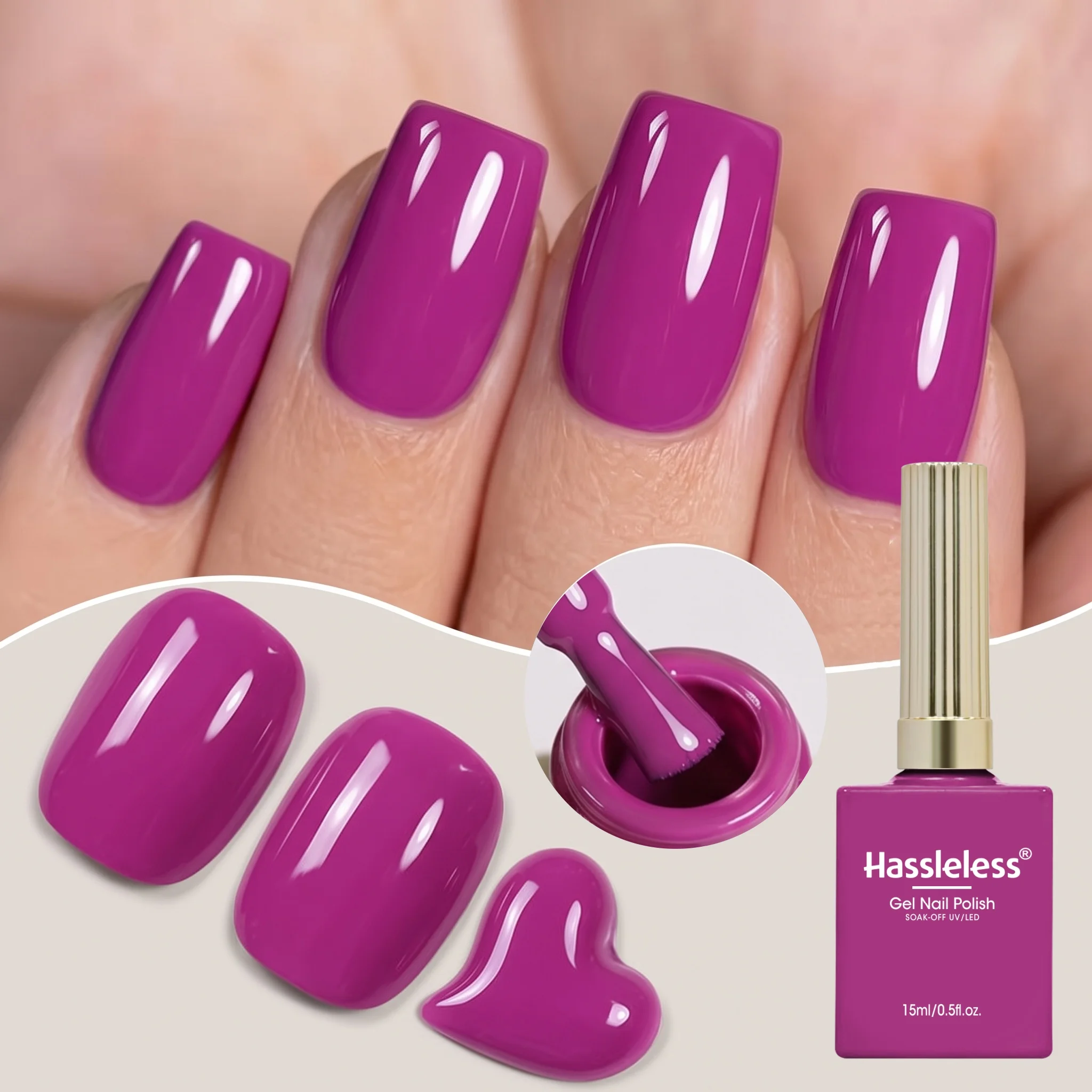 Hassleless Dragon Fruit Rose Purple Gel Polish 0.5 oz, long-lasting shine, alcohol-free, suitable for both fingernails and toenails, versatile everyday colors, adaptable to various styles, stylish solid color design