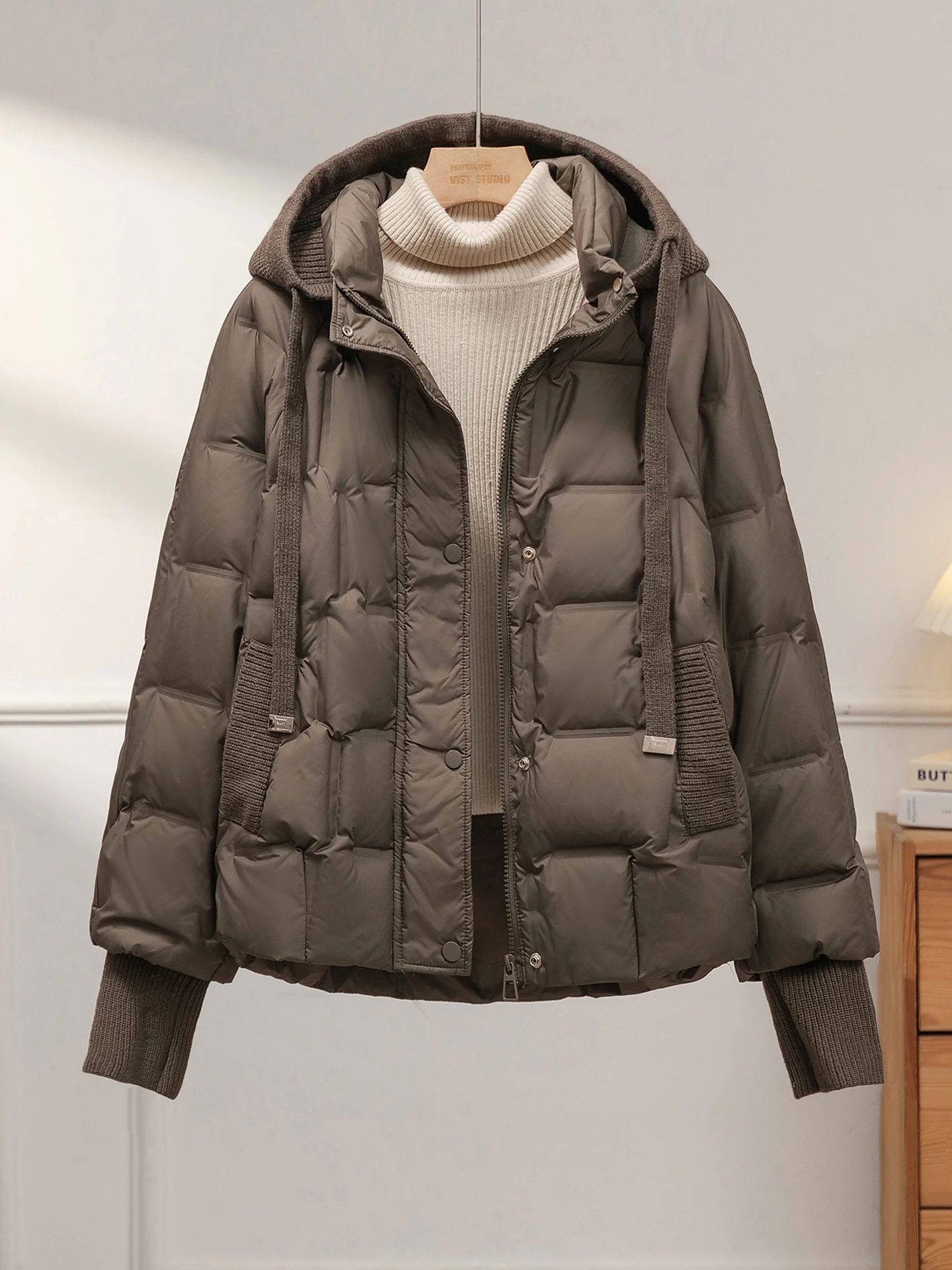 شتاء جديد المرأة ort Thiened مقنعين أسفل Jaet خفيفة الوزن الأبيض دو ريشة الكفة المرنة Sve ملابس خارجية #1