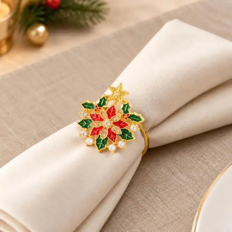 6Pcs Festives Metal Napkin Rings with Rhinestones Design, Christmas Napkin Holder 55KF