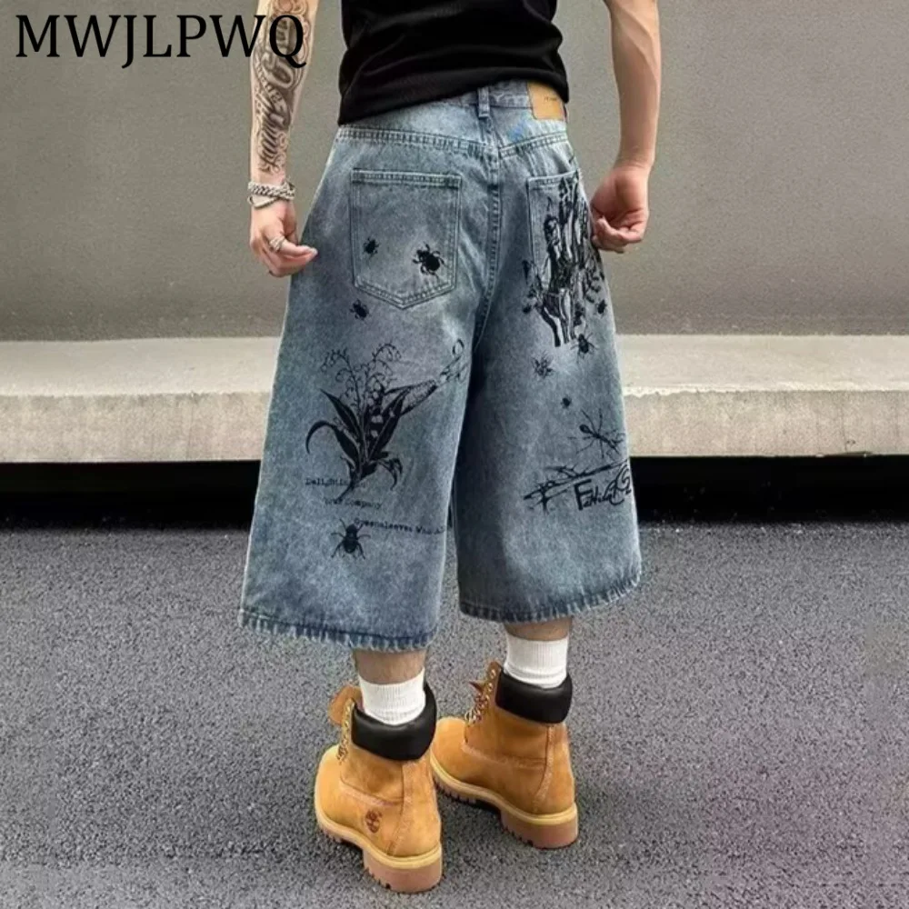 MWJLPWQ American Street Style Graffiti Print Denim Mid-Length Shorts Men's 2026 Summer Loose-Fit Trendy Retro-Style Pants 14933