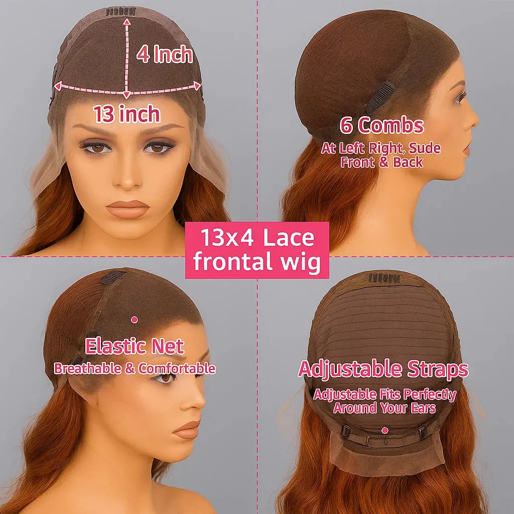 Peruka Bob Krótka z Włosów Naturalnych Ombre Brąz z Pasemkami w Kolorze Imbiru, Krótkie Peruki z Falą Body Wave z Przedziałkiem 13x4, Gotowe do Założenia, Bez Kleju, dla Kobiet