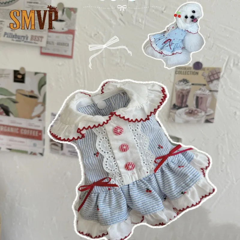 

Cotton Blue and White Striped Embroidered Cherry Doll Collar Ruffle Edge Match The Color Sweet Cute Kitten Small Dog Dress