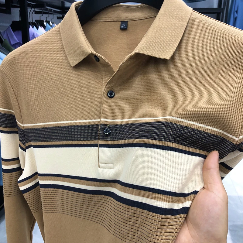 

High-end Cotton Autumn Men's Business Casual Lapel High Quality Striped Designer Long Sleeve POLO Shirt Brand New Top M-4XL
