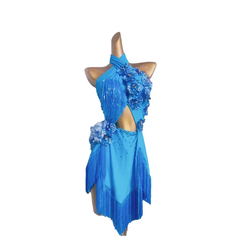 Latin Dance Competition Women's High-end Custom Cross Necked Blue Flower Tassel Skirt With Samba Black Pool Dress