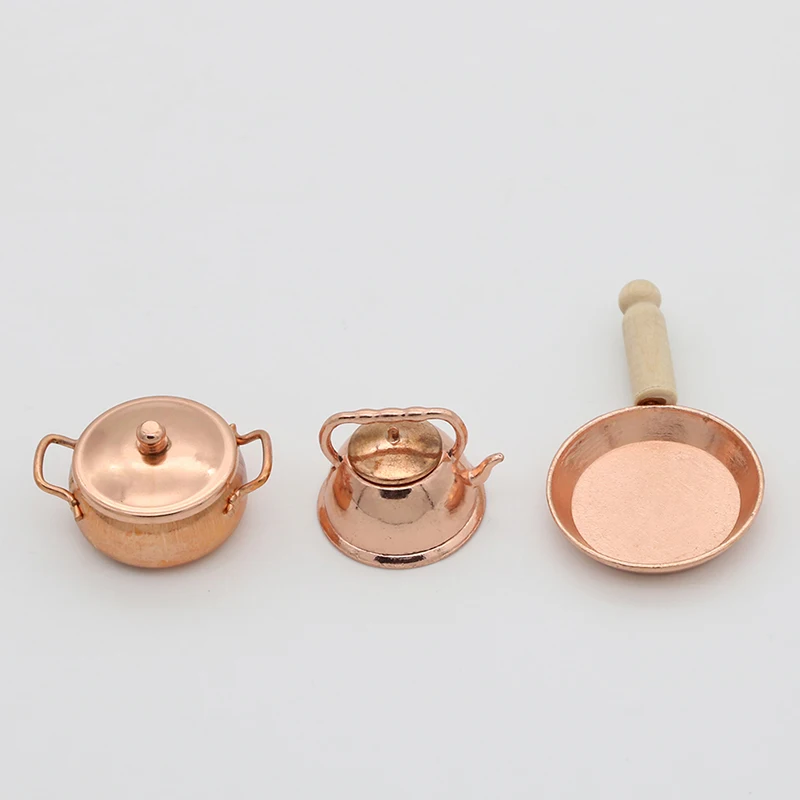 3-teiliges Set 1:12 Puppenhaus Miniatur Bronze Bratpfanne Kochtopf Wasserkessel Kochgeschirr Küchen-Kochset Puppenzubehör