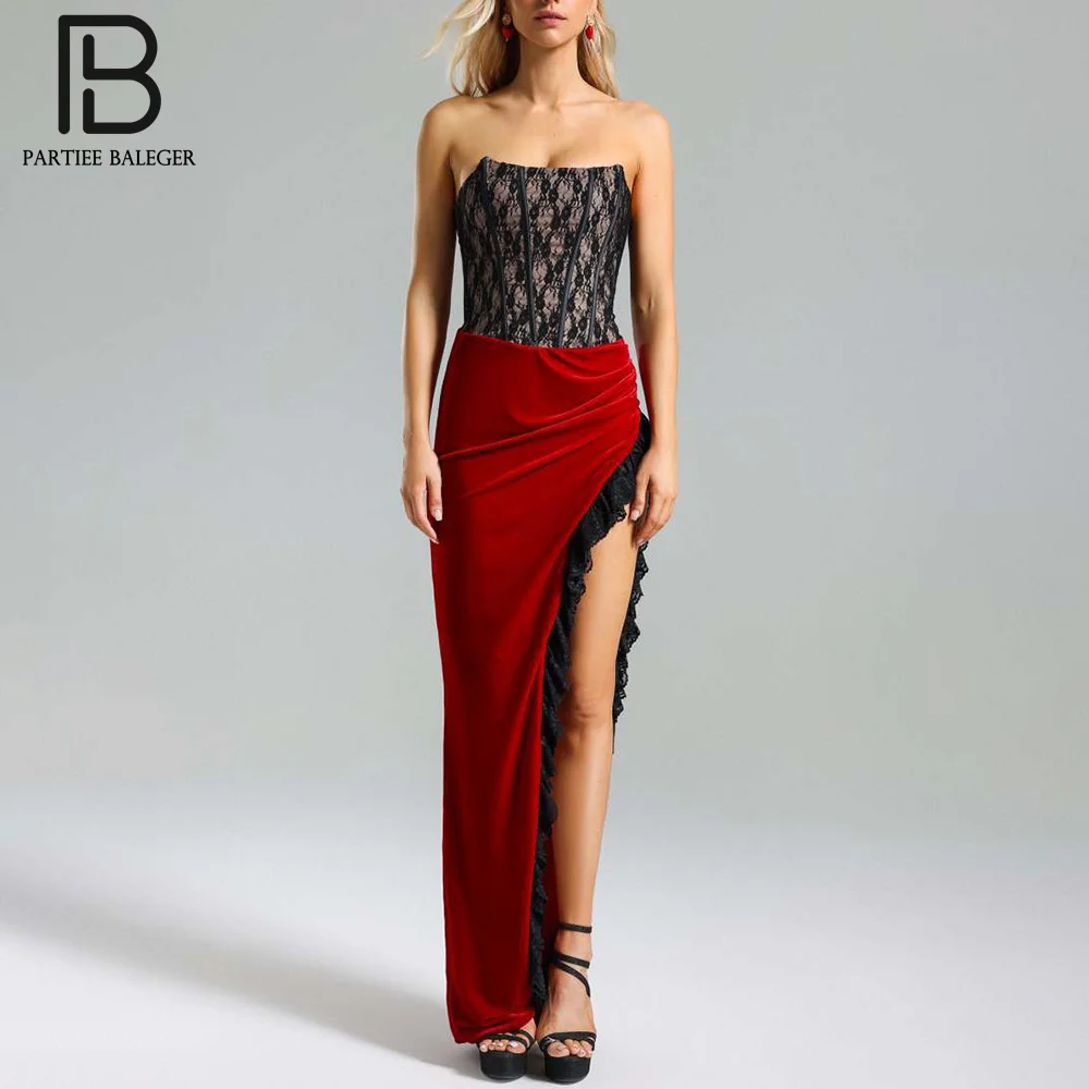 

PB 2024 Sexy Strapless Lace Patchwork Ruffles Long Dress Velvet Off Shoulder Backless High Slit Elegant Evening Party Gowns