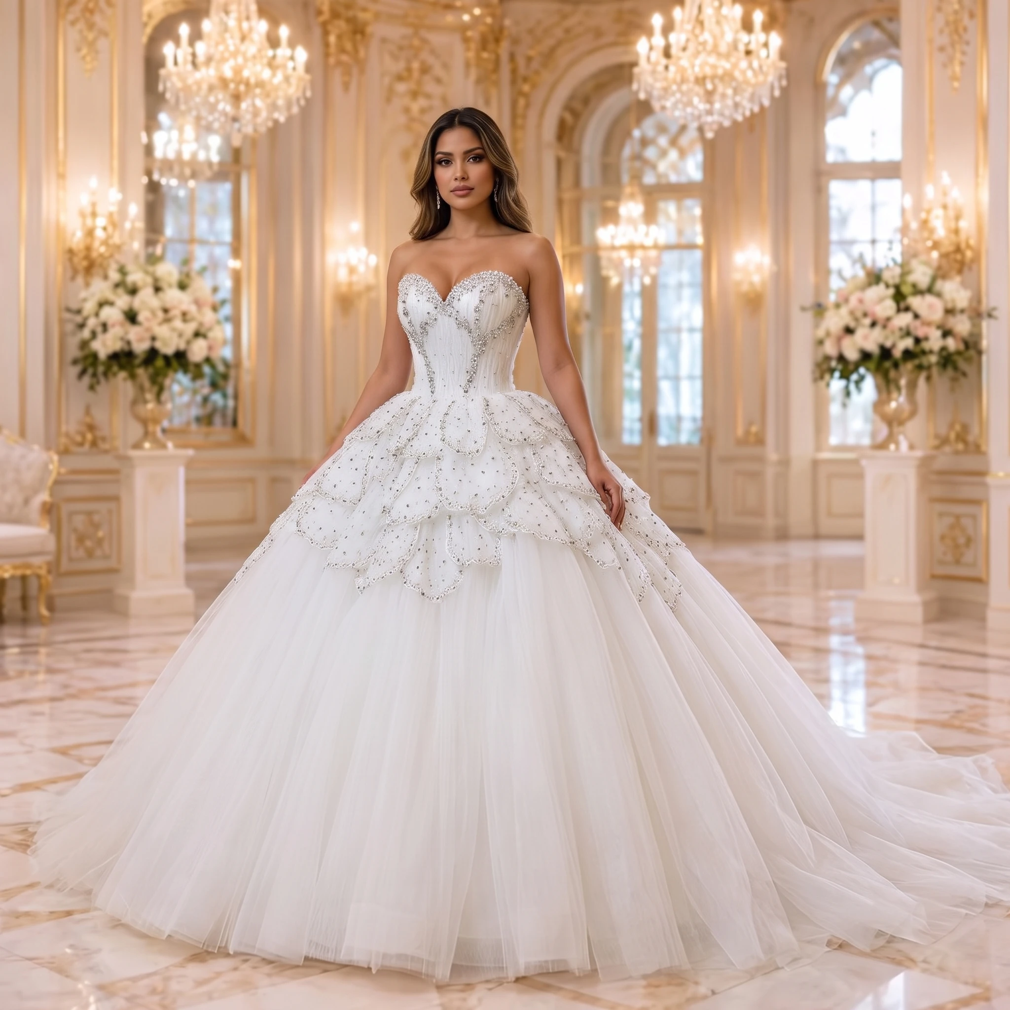 Customized Ball Gown Wedding Dresses For Women Popular Design Sparkling Organza Strapless Crystal Wedding Gown Vestidos De Novia