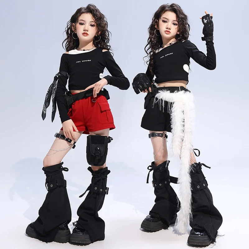 재즈 댄스 의류 소녀 상의, 블랙 반바지, 레드 케이팝 무대 코스튬, 어린이 패션 쇼 의류, 재즈 스트리트 댄스복, 2795