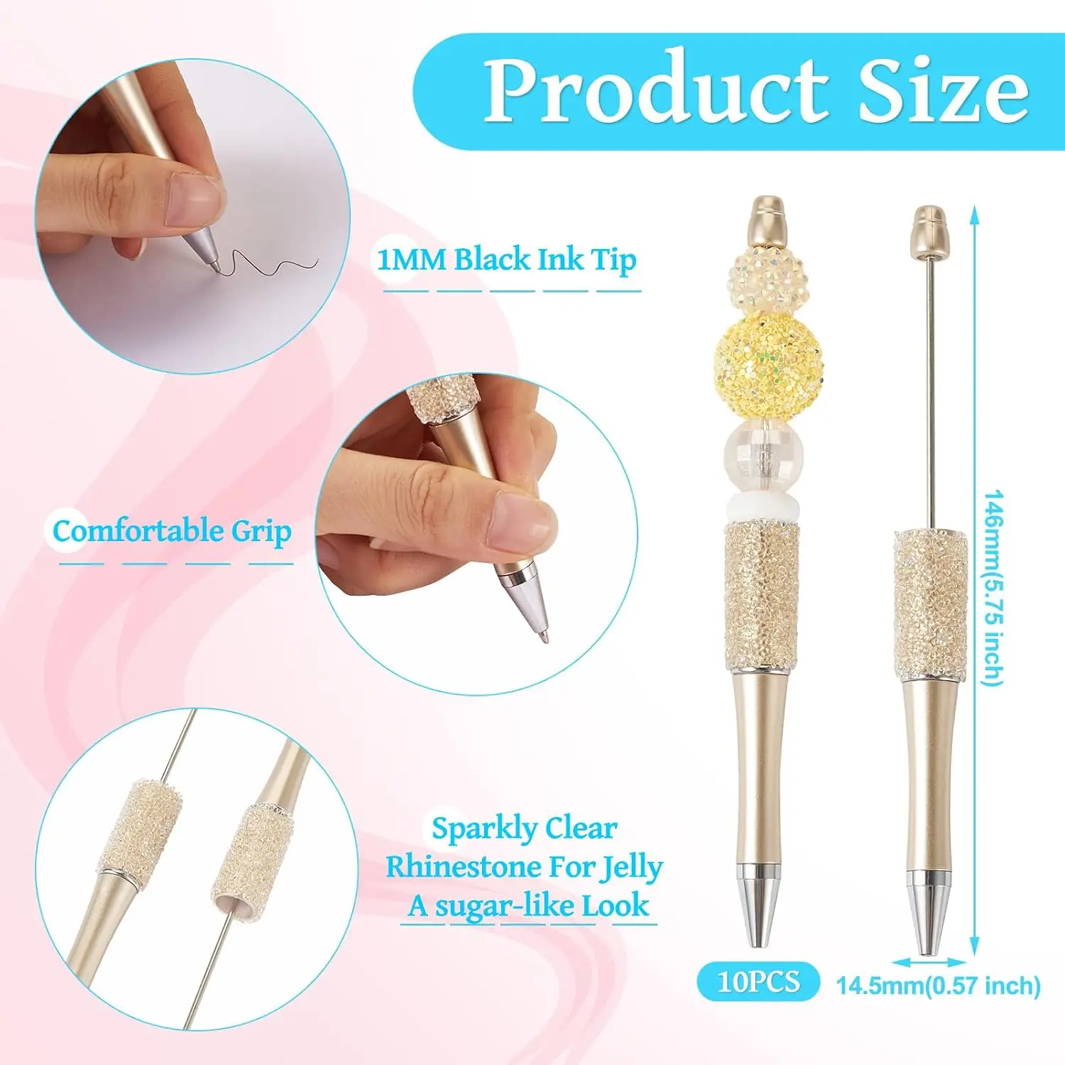 10pcs Sugar Diamond Beadable Pens, Crystal Rhinestone Beaded Plastic DIY Sparkly Bead Shaft Black Ink Ballpoint Pen for Gift