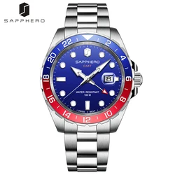 SAPPHERO GMT Watch for Men Luxury Swiss Movement 100M Waterproof Date Luminous Stainless Steel WristWatch Business Mens Watches