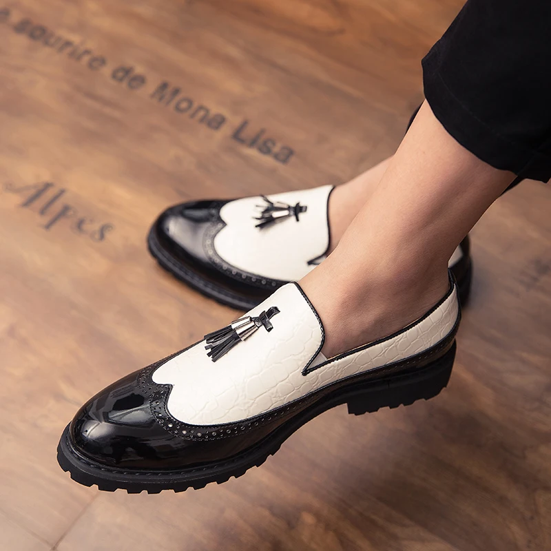 

Men Classic Tassel Shoes Black and White PU One Step Stepping Business Office High Quality Le Fu Shoes Size 38-48 Men Shoes