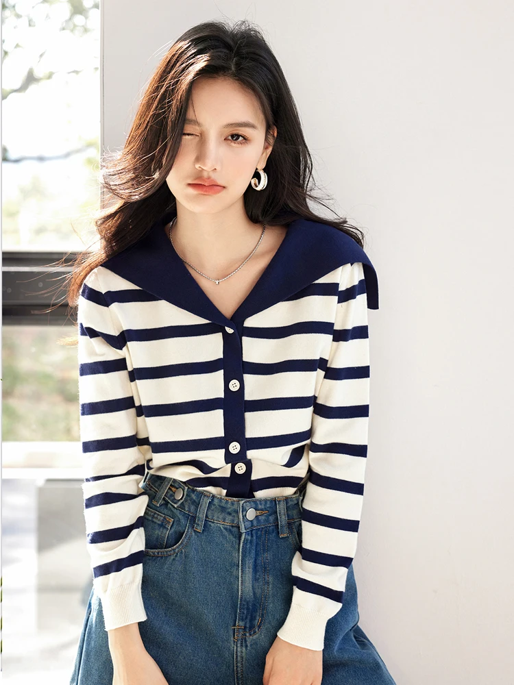 Fashion Navy Collar Knit Cardigan Women Design Sense Niche Long Sleeve Contrasting Color Sweater Retro Casual Loose Short Tops