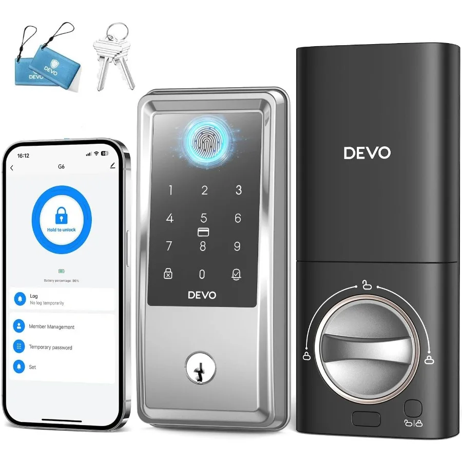 أقفال ذكية ببصمة الإصبع G6 للباب الأمامي مع دخول بدون مفتاح 6 في 1 مدمج واي فاي ذكي ديدبولت يتميز بلوحة مفاتيح تعمل باللمس أ
