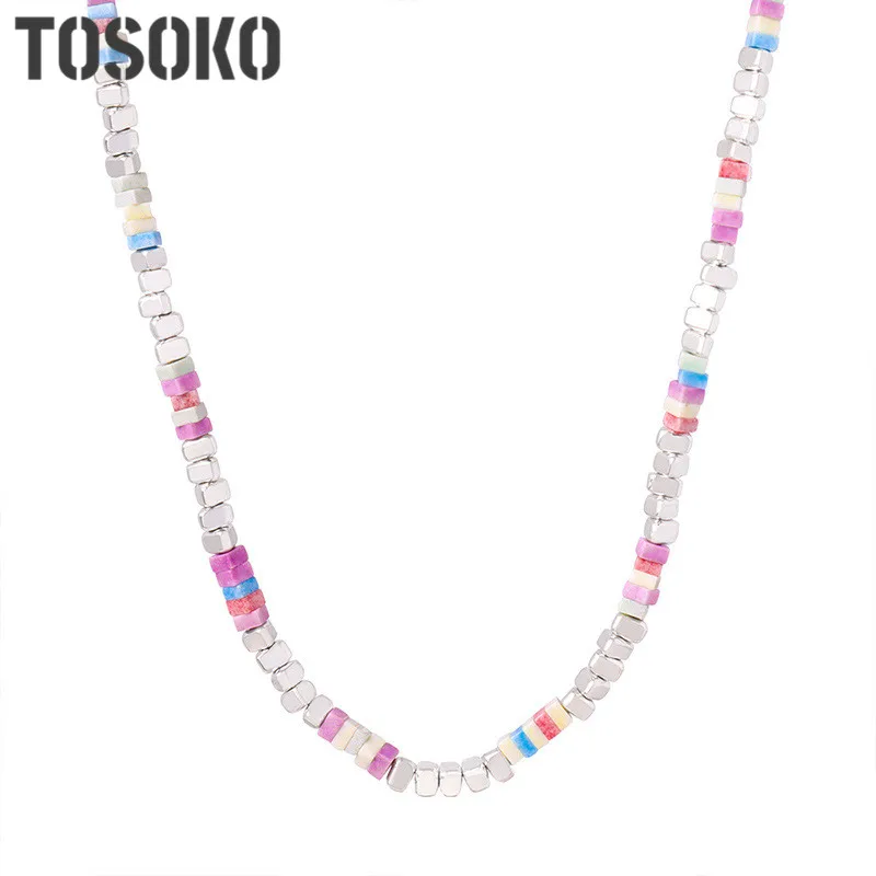 

TOSOKO Stainless Steel Jewelry Colored Multi Color Natural Stone Block Handmade Beaded Pendant Necklace BSP1725