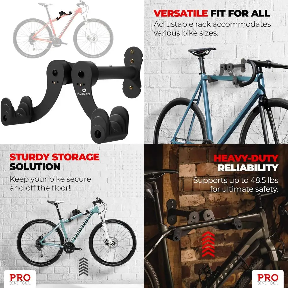 

PRO BIKE TOOL Bike Rack Garage Wall Mount - Durable Alloy ycle Storage System with Adjustable Hook Hanger or Indoor Use - Ideal