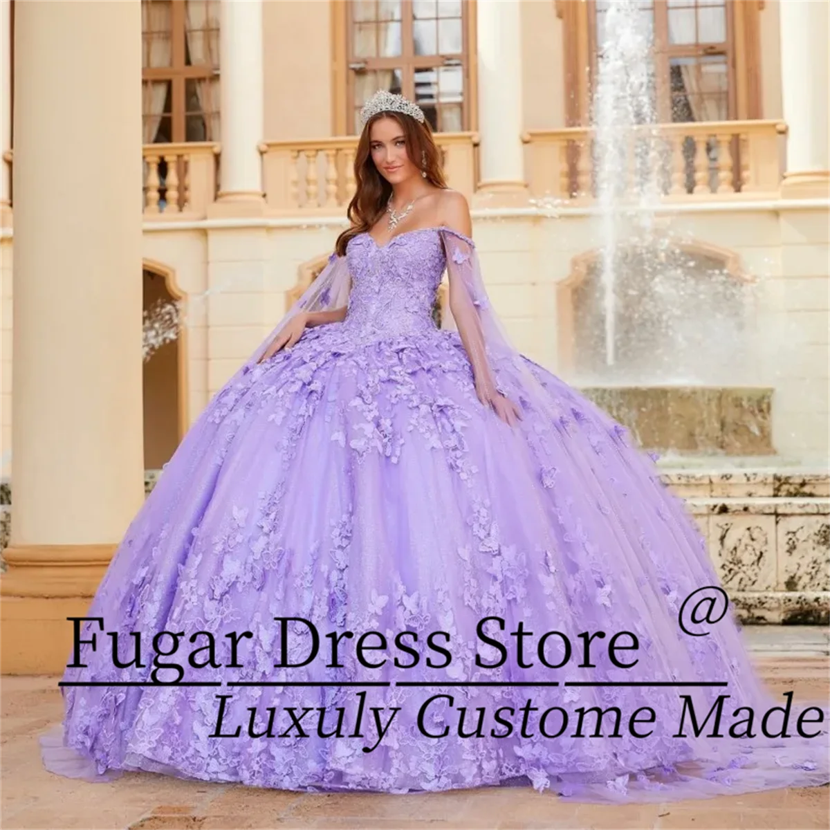 2024 Lavender Butterfly Flowers Quinceanera Dresses With Detached Cape Ball Gown Appliques Lace Crystal Vestidos De 15 Anos