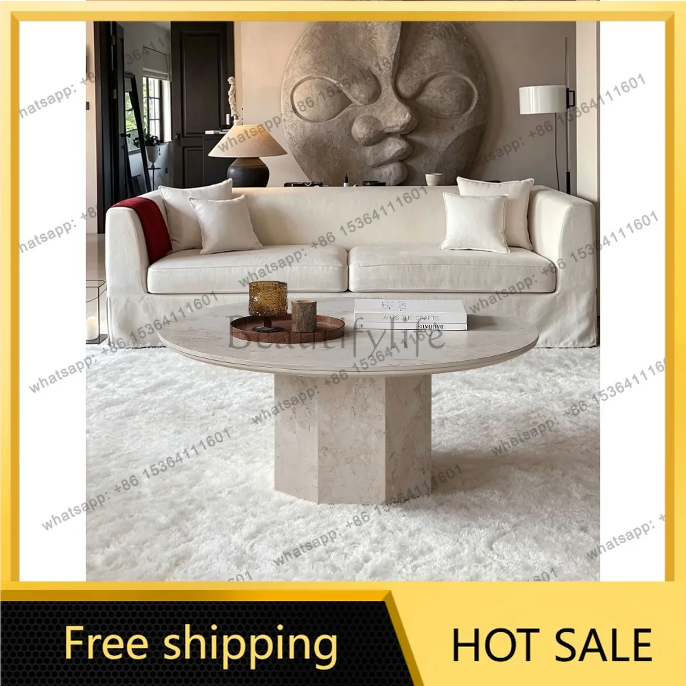 LD Wabi-Sabi Style Coffee Table Marble Round with White Travertine Coffee Table