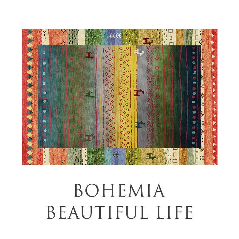 VIKAMA Boho Vertical Stripe Animal Totem Rectangle Floor Mat Anti Slip Dust Proof Bedroom Living Room Large Decor Rug Home Decor