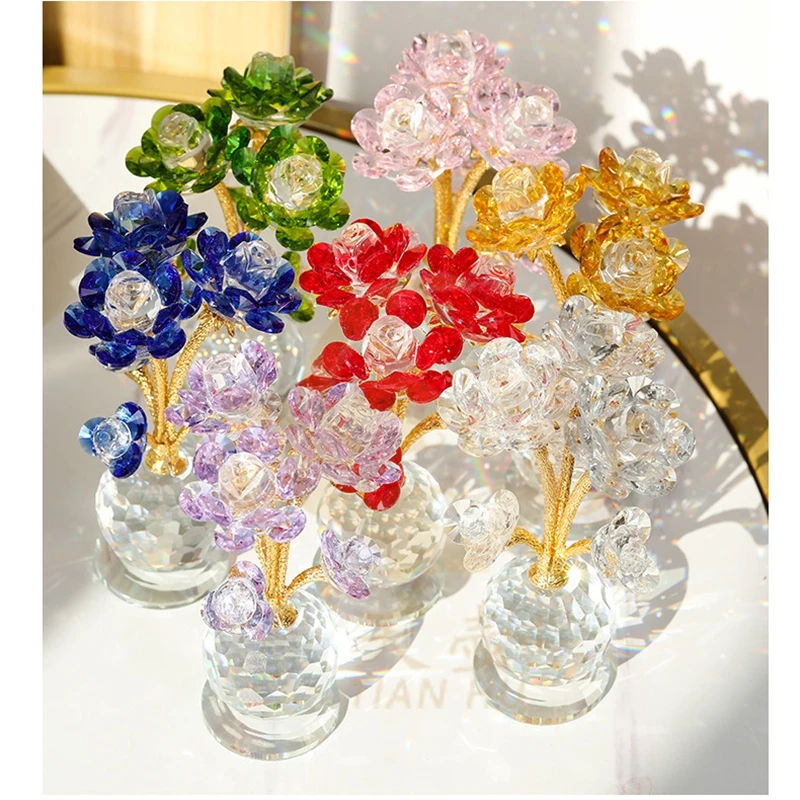 7 Colors Crystal  Rose Bouquet Flowers Figurine Birthday Valentine's Day Gift For Women Collectible Cut Paperweight